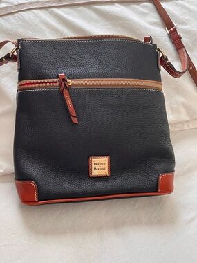 Dooney & Bourke Black Pebbled Leather Messenger with Brown Trim
